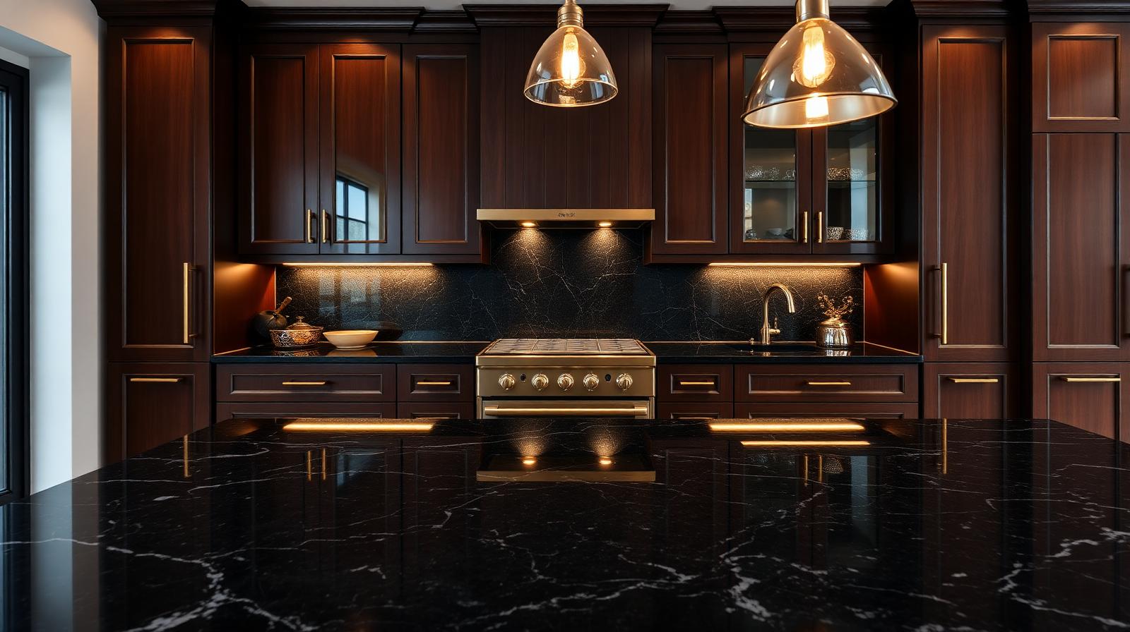 Luxury dark wood kitchen with brass accents